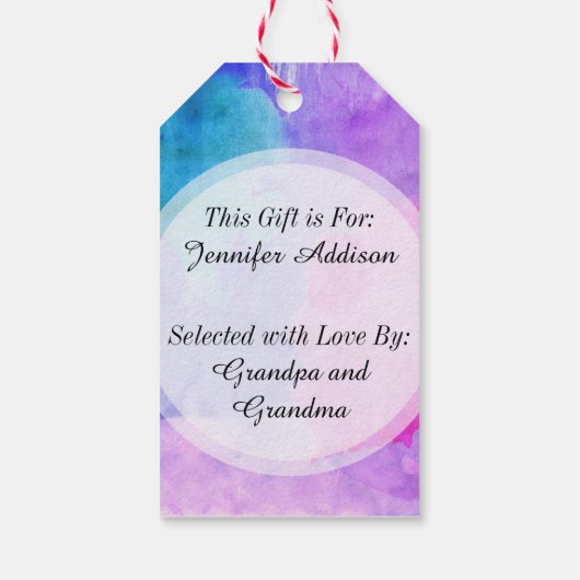 ピンク、紫、ティール（緑がかった色）、青の水色の汚れ ギフトタグ (裏面)