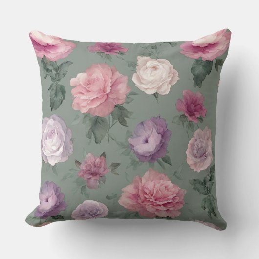 ピンク、紫、緑のフローラ クッション (正面)