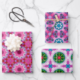 ピンク、紫、緑の抽象芸術星模様 ラッピングペーパーシート