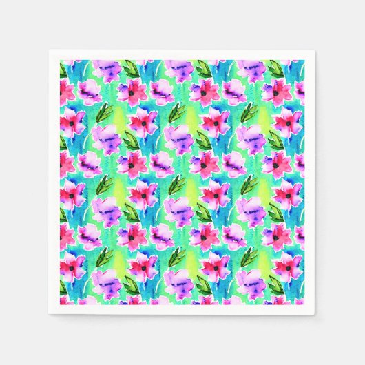 ピンク、紫、緑、青の水色の花 スタンダードカクテルナプキン (正面)