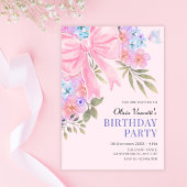 ピンク 紫 花の リボン 誕生日 招待状