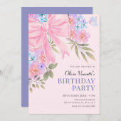 ピンク 紫 花飾り 誕生日 招待状 (正面/裏面)