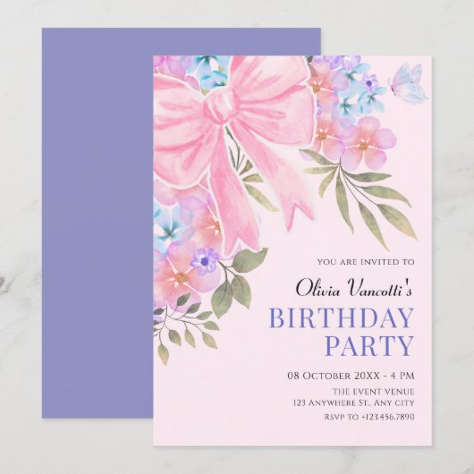 ピンク 紫 花飾り 誕生日 招待状 (正面/裏面)