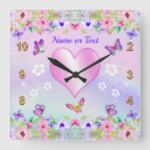 ピンク、紫、花、蝶時計(名前付き) スクエア壁時計 (正面)