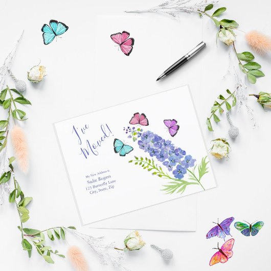 ピンク、紫、蝶デルフィニウム私が移動した 案内ポストカード