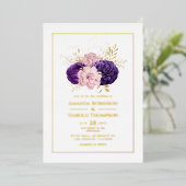 ピンク、紫、金ゴールドのフローラ 箔招待状 (立ち正面)