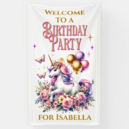 ピンク、紫、金ゴールドユニコーンウェルカム誕生日 横断幕