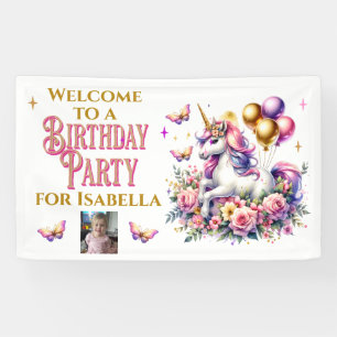 ピンク、紫、金ゴールドユニコーンウェルカム誕生日 横断幕