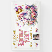 ピンク、紫、金ゴールドユニコーンウェルカム誕生日 横断幕 (縦)