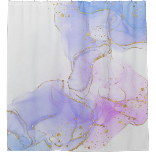 ピンク、紫、青のアルコールインク シャワーカーテン (正面)