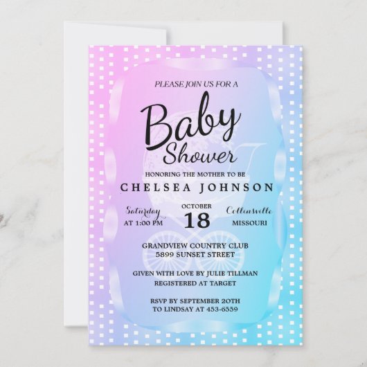 ピンク、紫、👶青のグラデーション付きのベビーシャワー 招待状 (正面)