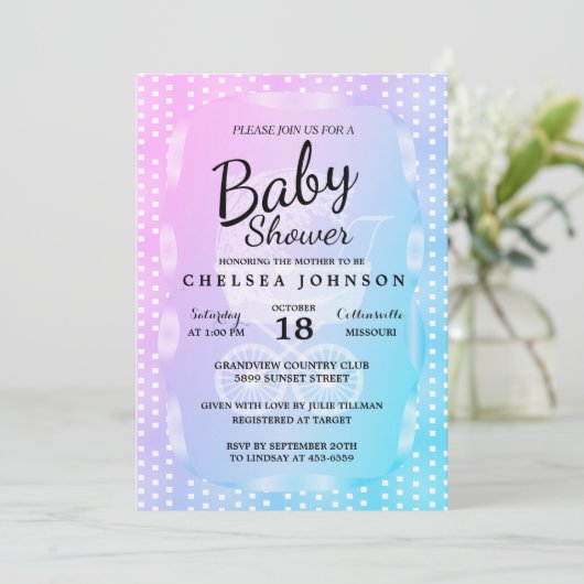 ピンク、紫、👶青のグラデーション付きのベビーシャワー 招待状 (スタンド正面)