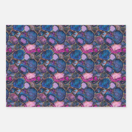 ピンク、紫、青のモザイクジェムストーン模様 ラッピングペーパーシート (正面3)
