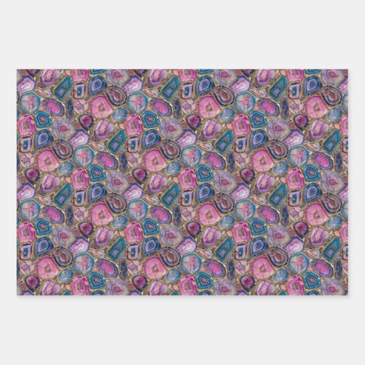 ピンク、紫、青のモザイクジェムストーン模様 ラッピングペーパーシート (正面2)