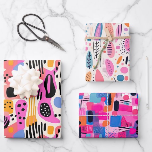 ピンク、紫、青の抽象芸術ボヘミアンパターン ラッピングペーパーシート (正面)