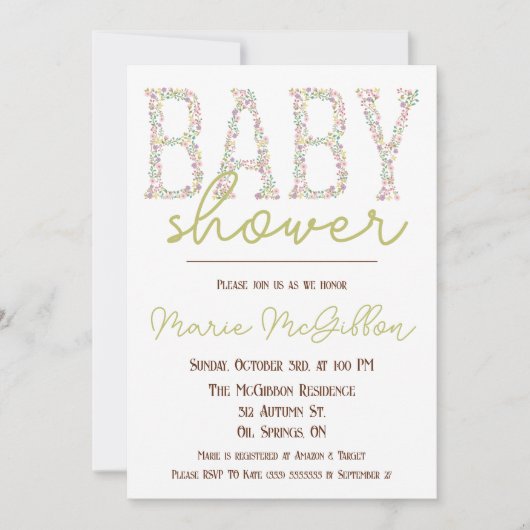ピンク、紫、青、フローラ赤ちゃんシャワー 招待状 (正面)