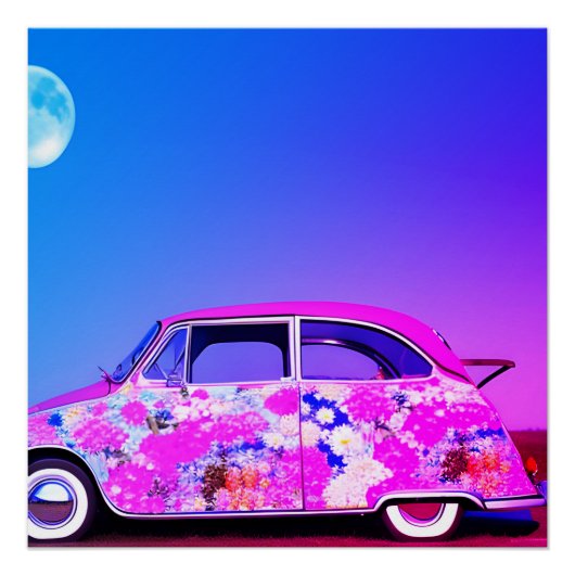 ピンク 紫 青 車 花 青 月 空 AIアート ポスター (正面)