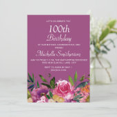 ピンク 紫 黄色 花柄 100歳の誕生日 招待状 (スタンド正面)