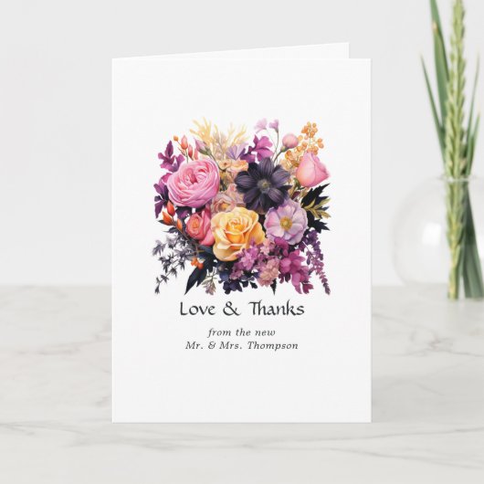 ピンク、紫、黒、および金ゴールドのフローラ サンキューカード (正面)