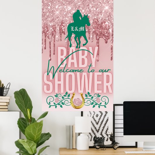 ピンク|緑のグリッタードリップダービーベビーシャワーへようこそ ポスター (ホームオフィス)