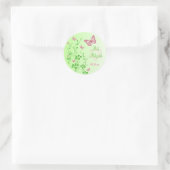 ピンク、緑のフローラ蝶バルミツワーステッカー ラウンドシール (バッグ)