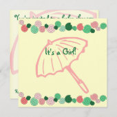 ピンク&緑の傘のベビーシャワー 招待状 (正面/裏面)