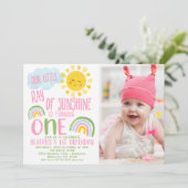 ピンク 緑 うちの小さな太陽 1歳の誕生日 招待状 (スタンド正面)