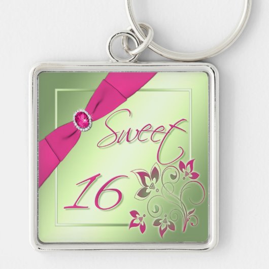 ピンク、緑、および黄色のSweet sixteen Keychain キーホルダー (正面)