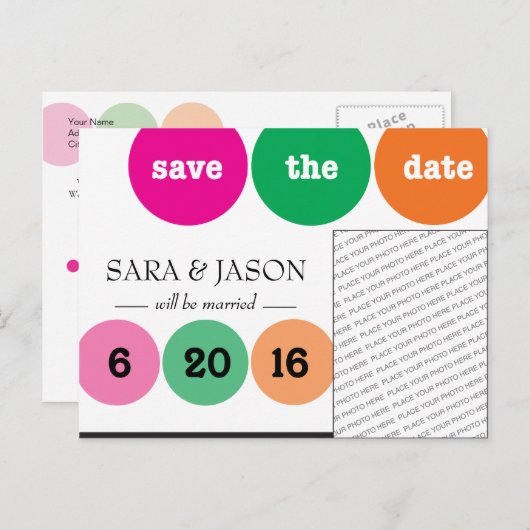 ピンク、緑、オレンジの丸の日付を保存 案内ポストカード (正面/裏面)