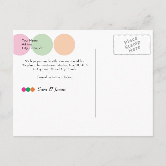 ピンク、緑、オレンジの丸の日付を保存 案内ポストカード (裏面)