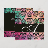 ピンク 緑 フューシャ ブラック ダマスク モノグラム , 白 招待状 (正面/裏面)