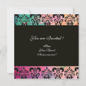 ピンク 緑 フューシャ ブラック ダマスク モノグラム , 白 招待状 (裏面)
