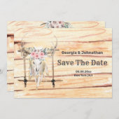 ピンク 緑 ボホ スタッグ アントラーズ トライバル フェザーズ 保存 セーブザデート (正面/裏面)