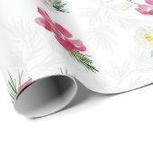 ピンク、緑、白いクリスマスウォーターカラーの花 ラッピングペーパー (ロールコーナー)