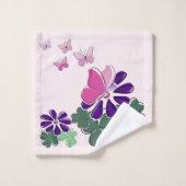 ピンク 緑 紫 花 蝶の落書きイニシャル バスタオルセット (ウォッシュタオル)