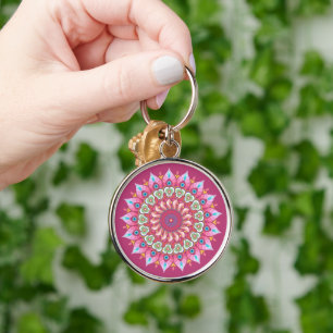 ピンク、緑、青の花マンダラキーチェーン キーホルダー