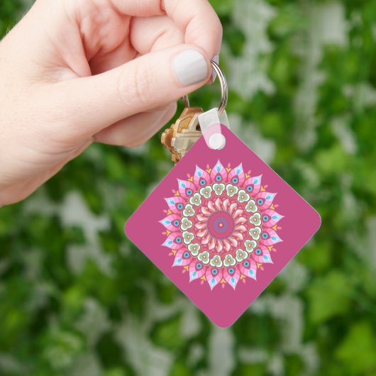ピンク、緑、青の花マンダラキーチェーン キーホルダー (手)