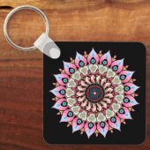 ピンク、緑、青の花マンダラキーチェーン キーホルダー (正面)