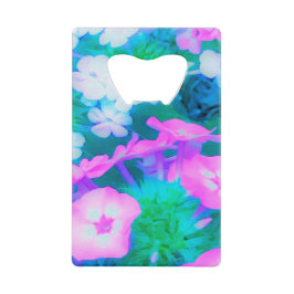 ピンク、緑、青、白のガーデンフロックスの花 クレジットカード栓抜き