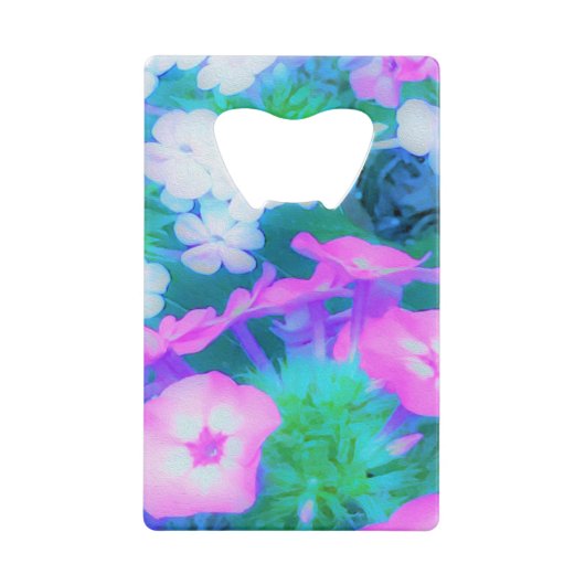 ピンク、緑、青、白のガーデンフロックスの花 クレジットカード栓抜き (正面)