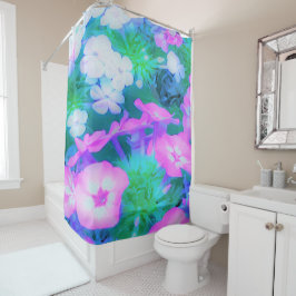 ピンク、緑、青、白のガーデンフロックスの花 シャワーカーテン