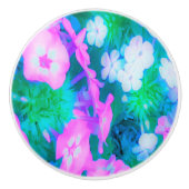 ピンク、緑、青、白のガーデンフロックスの花 セラミックノブ (正面)