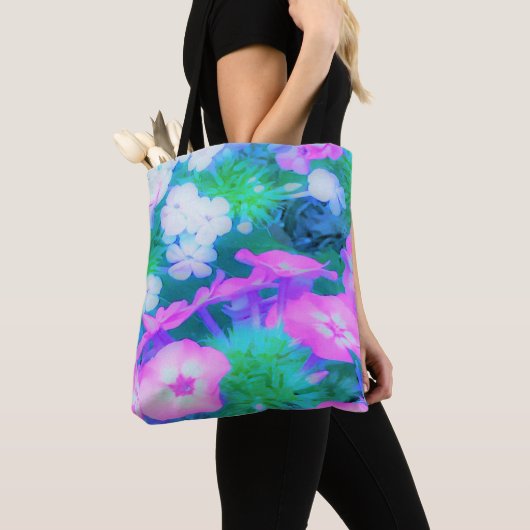 ピンク、緑、青、白のガーデンフロックスの花 トートバッグ (クローズアップ)