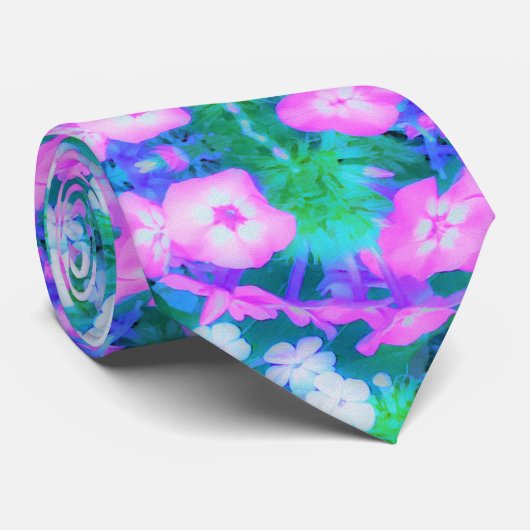 ピンク、緑、青、白のガーデンフロックスの花 ネクタイ (ロール)