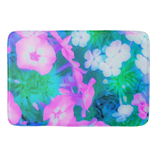 ピンク、緑、青、白のガーデンフロックスの花 バスマット (正面)