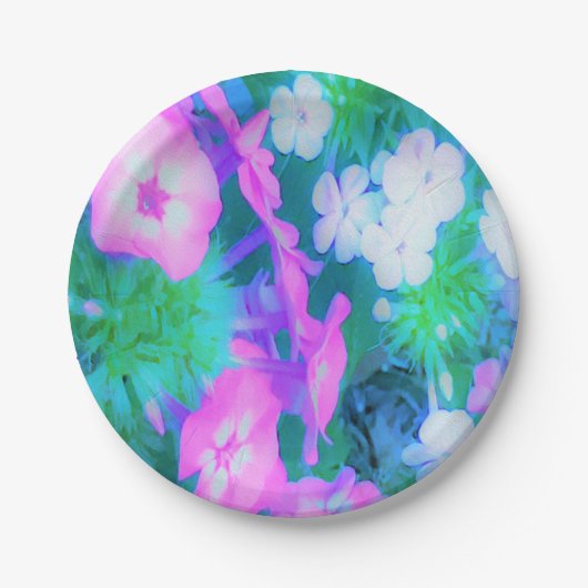 ピンク、緑、青、白のガーデンフロックスの花 ペーパープレート (正面)