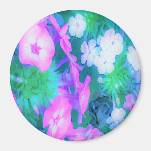 ピンク、緑、青、白のガーデンフロックスの花 マグネット (正面)