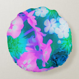 ピンク、緑、青、白のガーデンフロックスの花 ラウンドクッション