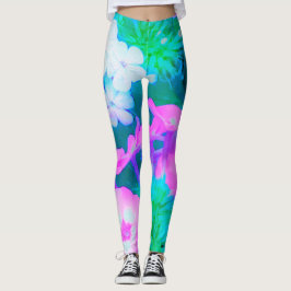 ピンク、緑、青、白のガーデンフロックスの花 レギンス