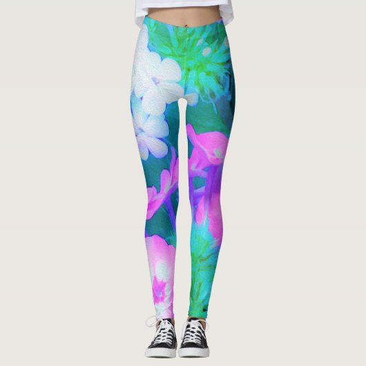 ピンク、緑、青、白のガーデンフロックスの花 レギンス (正面)